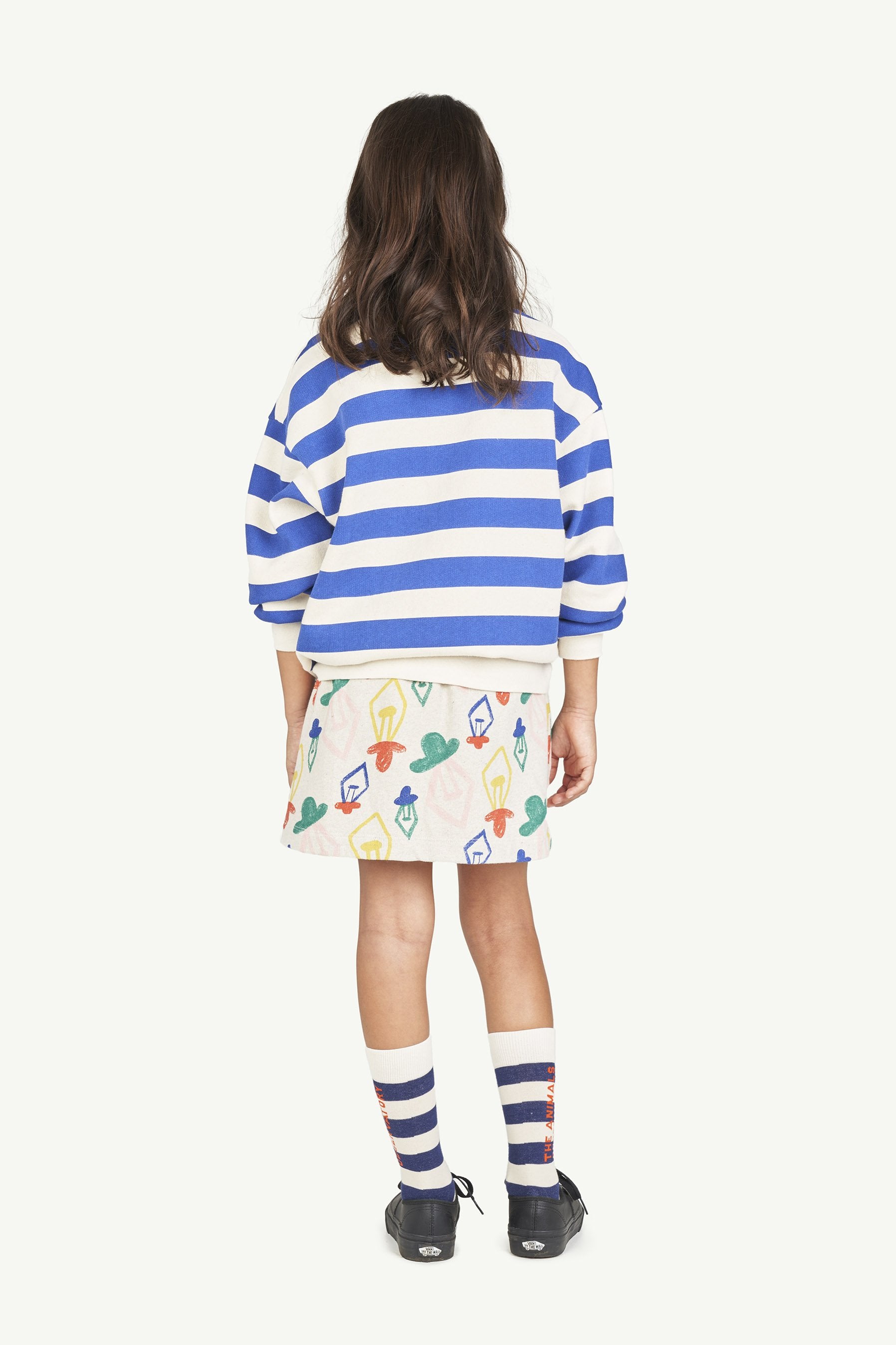 Recycled Raw White Blue Stripes Bear Sweatshirt MODEL BACK