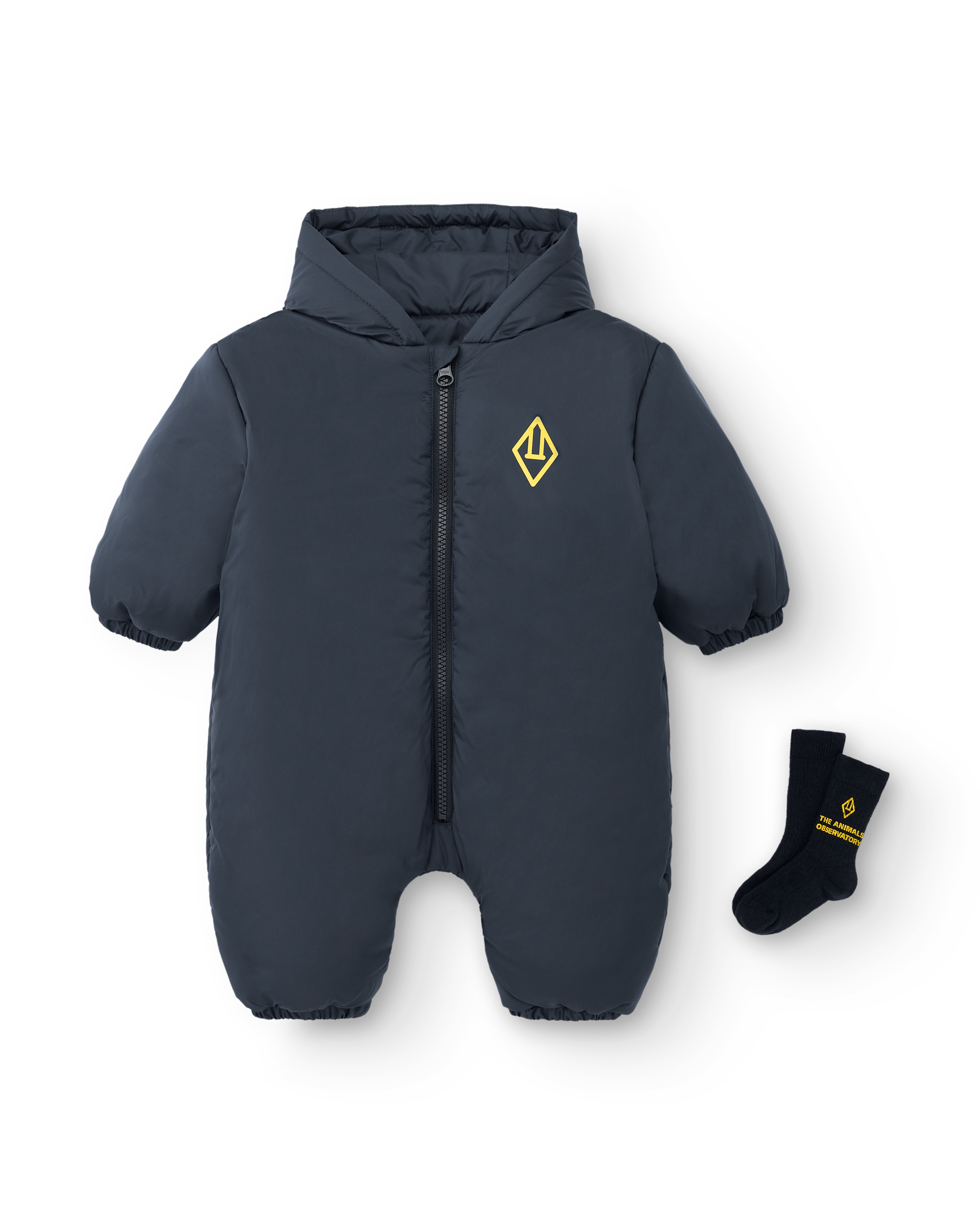 Navy Bumblebee Baby Snowsuit MODEL FRONT